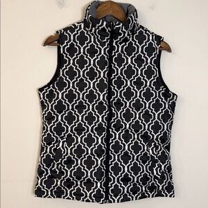 Lands' End Down filled Vest Black & White Geometric pattern zips up pockets SM